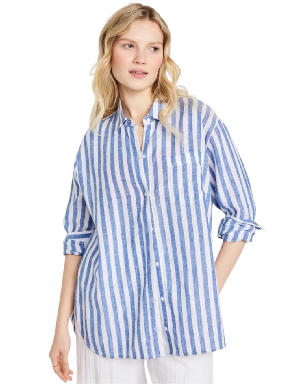 Old Navy Linen Blend The Boyfriend Shirt Button Up Long Sleeve Blue White Stripe